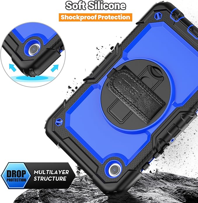 SEYMAC for Samsung Galaxy Tab A9 Case 8.7 Inch 2023 (SM-X110/X115/X117), Heavy Duty Shockproof Protective Case with Screen Protector, Rotating Stand, Hand/Shoulder Strap and Pen Holder, Blue