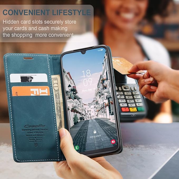 for Samsung Galaxy A40 Case, Flip Wallet Leather Case with Card Holder Magnetic Closure Shockproof Kickstand Protective Phone Cases Cover for Samsung A40,Blue-Green