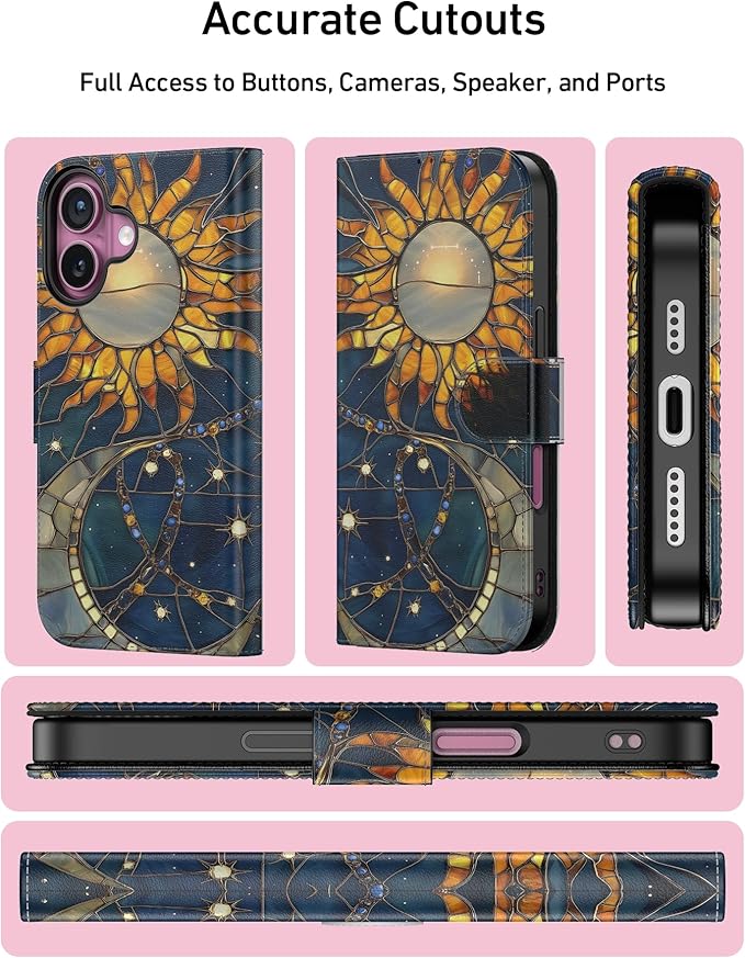 DEENAKIN for iPhone 16 Wallet Case with Card Holder + Cash Clip, RFID-Blocking, Military-Grade Drop Protection, Magnetic Closure with Leather Kickstand - Solar Lunar Harmony