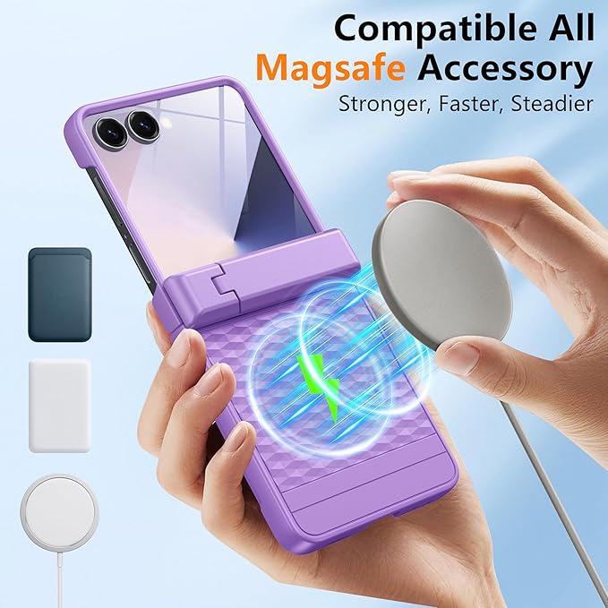 Magnetic for Samsung Galaxy Z Flip 7 Case [Hinge Protection＆Kickstand][Compatible with MagSafe][Built-in Screen Protector] Full-Body Military Protection Phone Case for Samsung Z Flip 7 Purple