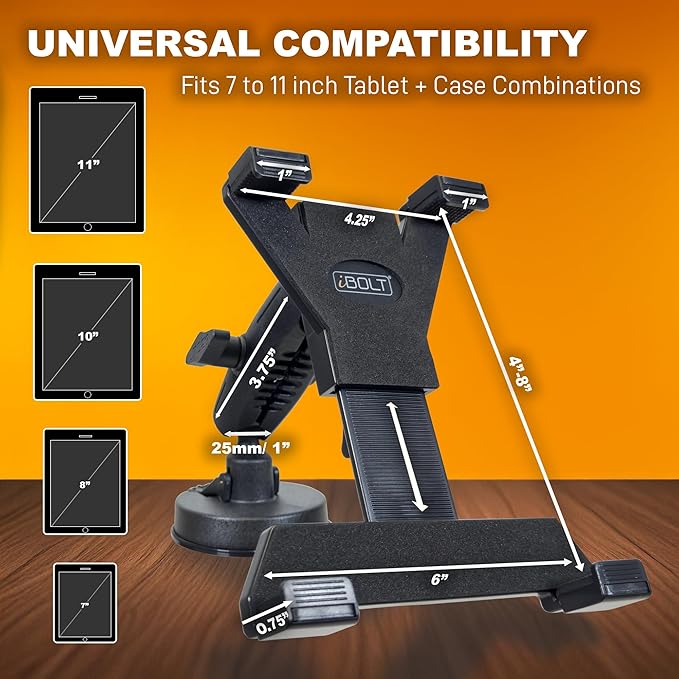 iBOLT TabDock BizMount Heavy Duty Tablet Mount with Suction Cup Base – Universal 7"-10" Holder for Trucks, Vans, SUVs, Aviation & Work Vehicles – Dashboard, Windshield, or Desk Compatible