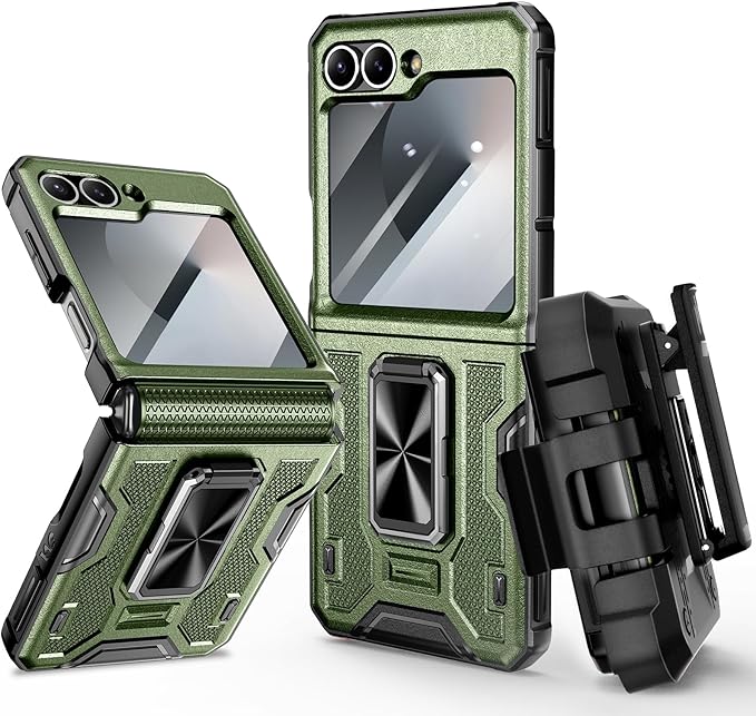 VEGO for Z Flip 6 Case with Hinge Protection, for Samsung Z Flip 6 Case with 360° Rotatable Ring Kickstand & Built-in Screen Protector & Belt Clip Holster Shockproof Cover - Dark Green