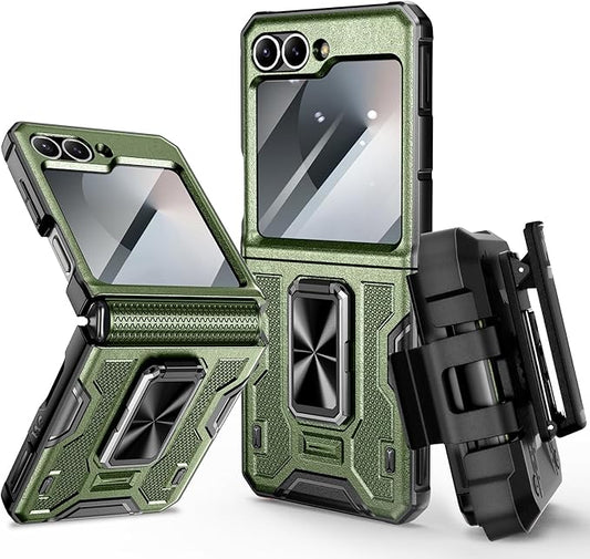 VEGO for Z Flip 6 Case with Hinge Protection, for Samsung Z Flip 6 Case with 360° Rotatable Ring Kickstand & Built-in Screen Protector & Belt Clip Holster Shockproof Cover - Dark Green