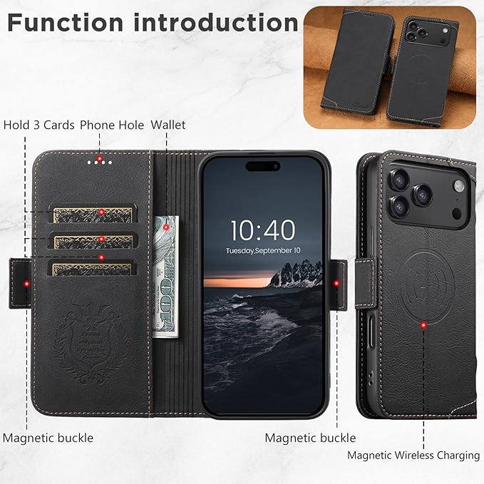 Leather Magnetic Wallet Case for iPhone 17 Pro Max Compatible with MagSafe & Wireless Charging, 3 Card Slots & ID Holder, Kickstand, 360° Military Shockproof Protection Premium Black