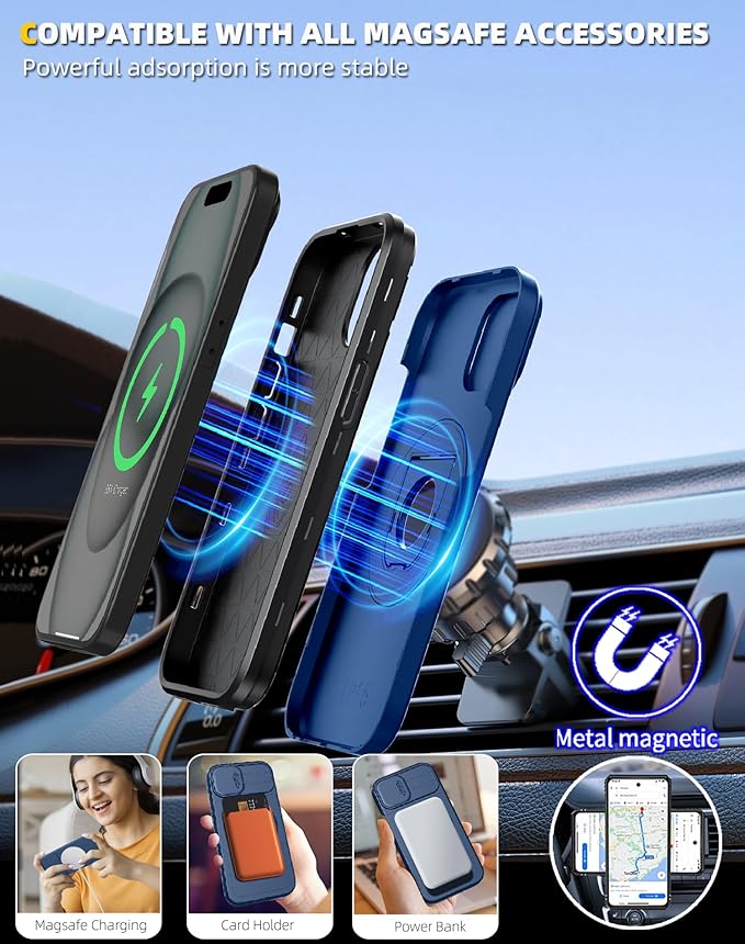 for iPhone 14 Plus Case/for iPhone 15 Plus Case Compatible with MagSafe Magnetic,with 2 Screen Protectors,with Camera Cover+Stand,Military Grade Shockproof Heavy Duty Protection Bumper Black