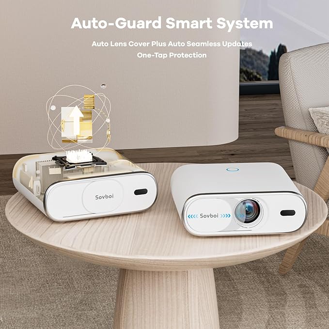 Projector Compatible with Google TV|1800 ANSI|Auto Lens Cap&4D Keystone|Auto Focus|Voice Control Portable Outdoor Projector 4K with WiFi and Bluetooth, Sovboi Smart Proyector for Netflix Home Theater