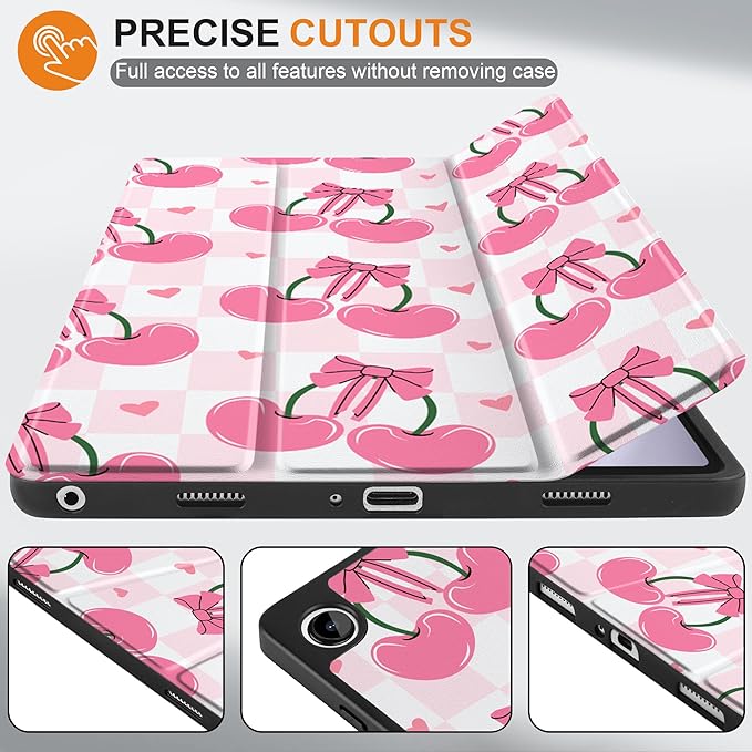 MEEgoodo Case for Samsung Galaxy Tab A9 Plus 11 inch Cover 2024 2023 with S Pen Holder,A9+ Smart Tablet Cases with Leather Trifold Stand+Soft TPU Back Shell+Smart Auto Wake/Sleep,Pink Cherries & Bows