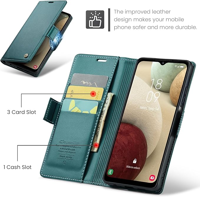 for Samsung Galaxy A12 5G Case, Premium PU Leather Wallet Case Flip Cover with [RFID Blocking][Card Holder][Stand Function] Shockproof Protective for Samsung Galaxy A12, Blue-Green