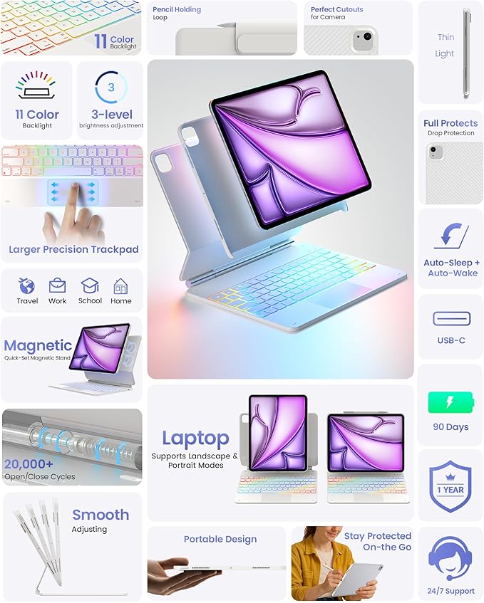 typecase Edge+ Keyboard Case for iPad Air 13-inch(M3 2025 / M2 2024),Ultra-Slim Detachable Case,Portrait & Typing Modes,Built-in Trackpad,11-Color Backlight,Magnetic Stand,Pencil Holder,White