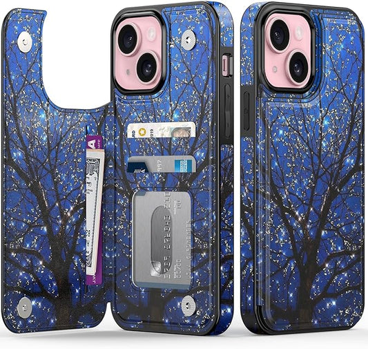 FUNMIKO for iPhone 14 Wallet Case with Card Holder, RFID-Blocking, Military-Grade Protection & UV-Printed Artwork, Magnetic Closure with Leather Kickstand - Dreamy Wishing Tree