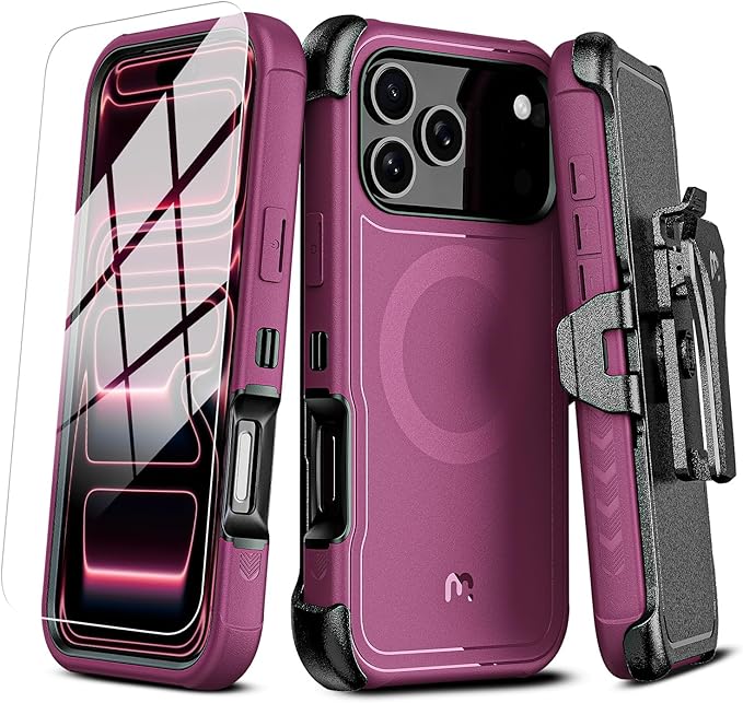 M MYBAT PRO for iPhone 17 Pro Case, Maverick Series Case with Belt Clip Holster,[Compatible with Magsafe] w/Screen Protector,Anti-Drop,Shockproof,w 360°Rotating Kickstand,Heavy Duty Protection Plum