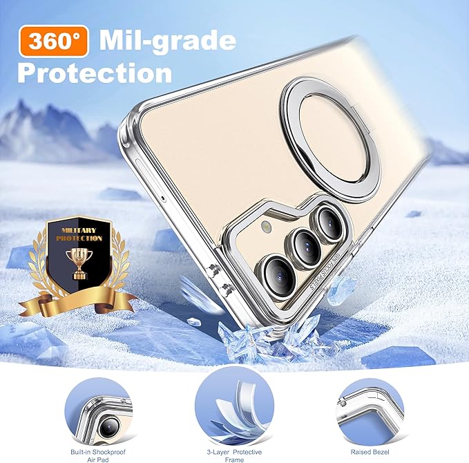 Compatible with Samsung Galaxy S24 Case with 360Rotatable Magnetic Ring Stand Compatible with Mag-Safe Military Protection Shockproof Transparent Phone Case for S24 6.2",Clear