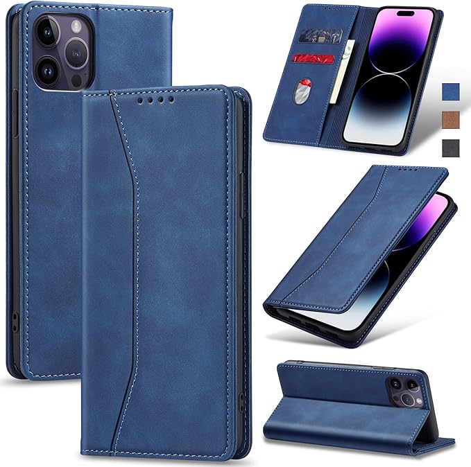 Jasonyu Flip Wallet Case for iPhone 14 Pro Max 5G,Leather Magnetic Folio Cover with Card Holder,Kickstand - TPU Shockproof Durable Protective Phone Case,Blue