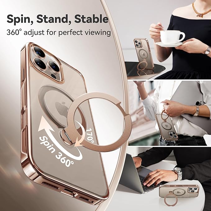 CASEKOO Desert Titanium for iPhone 16 Pro Case with 360 Spin Magnetic Stand [Compatible with Magsafe][16FT Military Protection] Slim Polished for iPhone 16 Pro Case with Stand 6.3'', Rose Gold