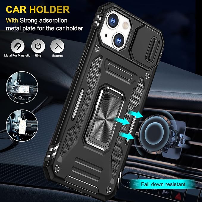 Phone Case for iPhone 14 Plus Case with Camera Cover, with Ring Holder Kickstand, with Magnetic Car Mount Function, for iPhone 14 Plus (Black)