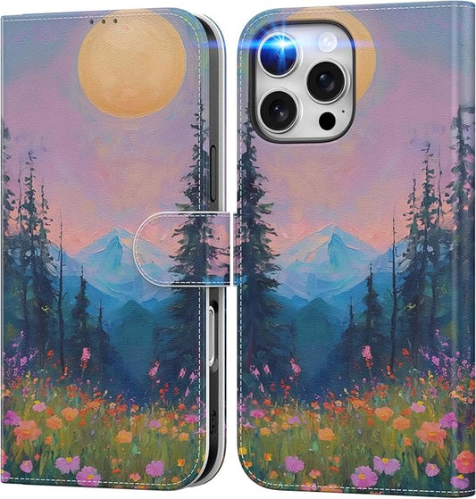 DEENAKIN for iPhone 16 Pro Wallet Case with Card Holder + Cash Clip, RFID-Blocking, Military-Grade Drop Protection, Magnetic Closure with Leather Kickstand - Mountain Blossom Glow