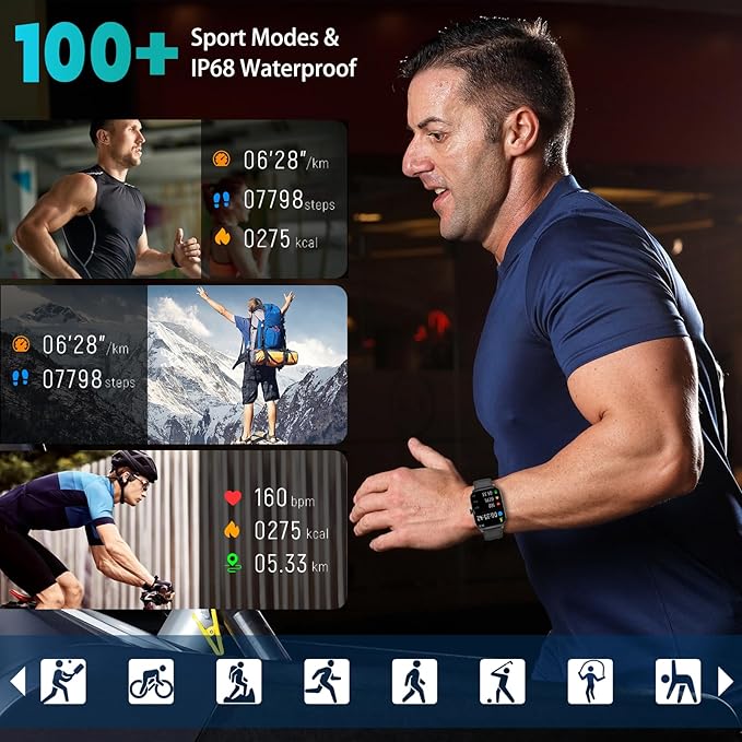 Smart Watch for Women Men(Answer/Make Call), Smartwatches with Heart Rate/SpO2/Sleep/Stress Monitor, IP68 Waterproof Activity Tracker for Android iPhone, 100+ Sports Fitness Watches (Black, 1.85“)