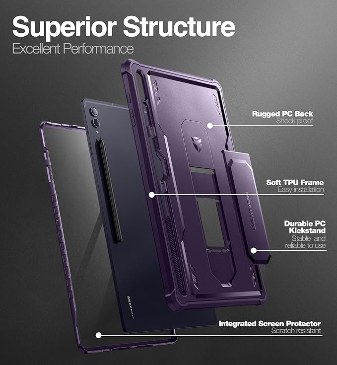 Dexnor Case for Samsung Galaxy Tab S10 Ultra (2024), S9 Ultra(2023), S8 Ultra(2022) 14.6 Inch, [Built in Screen Protector & Kickstand] with Pen Holder Heavy Duty Shockproof Protective Cover - Purple
