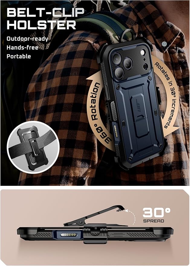 SUPCASE for iPhone 17 Pro Max Case with Camera Control Button (Unicorn Beetle Pro), [Built-in Kickstand & Screen Protector] [Military-Grade Protection] Full Body Heavy Duty Phone Case, Azure