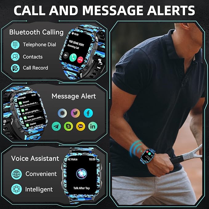 Military Smart Watches for Men (Make/Answer Call) with LED Flashlight 1.96" Screen 430mAh Fitness Tracker with Sport Modes Heart Rate Sleep Monitor Rugged Smartwatch for iPhone Android