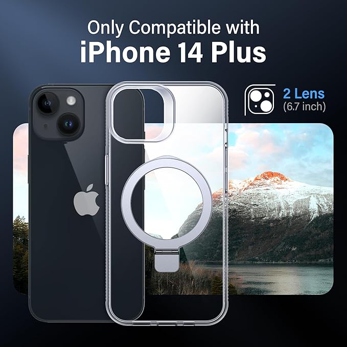 Magnetic Case for iPhone 14 Plus - [Built-in Invisible Stand] [Compatible with MagSafe] [Military Grade Drop Protection] Anti-Yellowing Hard Back Silicone Edge Cover, 6.7", Clear