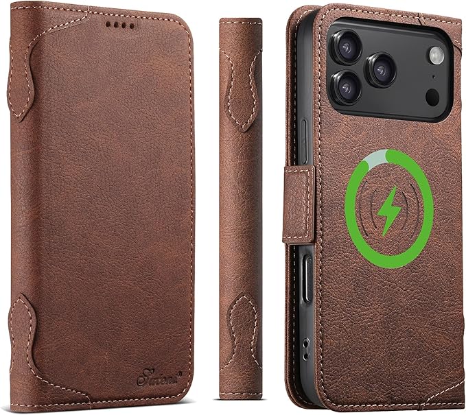 Leather Magnetic Wallet Case for iPhone17 Pro Max Compatible with MagSafe & Wireless Charging, 3 Card Slots & ID Holder, Kickstand, 360° Military Shockproof Protection Premium Brown