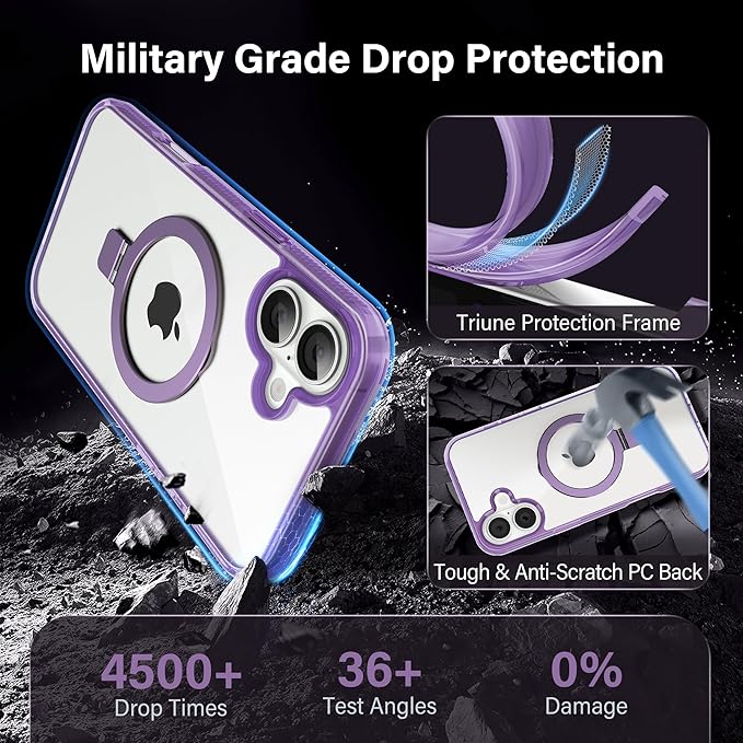 Magnetic Case for iPhone 16 Plus - [Built-in Invisible Stand] [Compatible with MagSafe] [Military Grade Drop Protection] Anti-Yellowing Hard Back Silicone Edge Cover, 6.7", Clear Purple