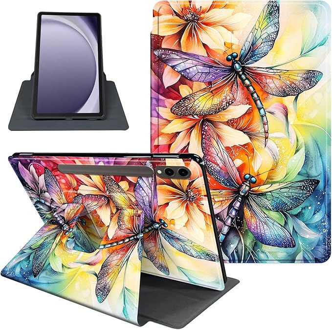 Case for Samsung Galaxy Tab S10 Ultra/Tab S9 Ultra 14.6-Inch, 360 Degree Rotating Folio Stand Smart Cover for Galaxy Tab S10 Ultra/ S9 Ultra 14.6'', Auto Sleep/Wake, Dragonflies Flowers