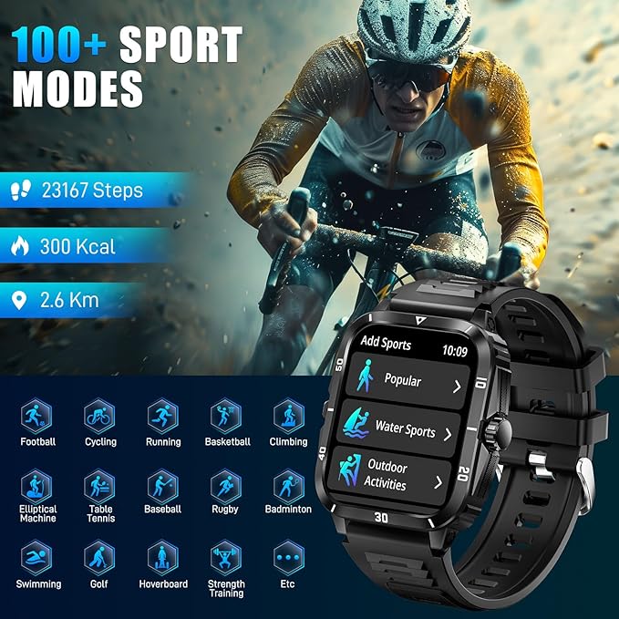 Military Smart Watches for Men (Make/Answer Call) 1.96" Screen Outdoor Activity Tracker with 100+ Sport Modes Health Monitor 3ATM Waterproof Smartwatch