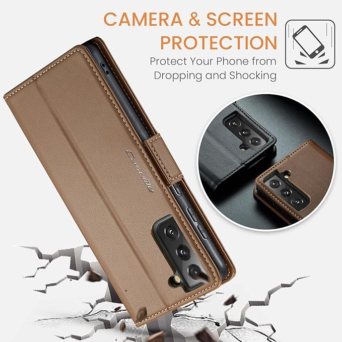 Case for Samsung Galaxy S21 FE Wallet Case, RFID Blocking PU Leather Flip Folio Cover Card Holder Kickstand Shockproof Phone Case Compatible with Samsung Galaxy S21 FE, Brown