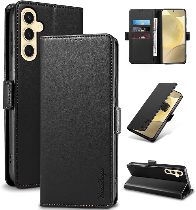 Wallet Flip Case for Samsung Galaxy S25 5G - [RFID Blocking] Luxury PU Leather Card Holder Magnetic Phone Cover with Kickstand,Shockproof Protective Case,Black