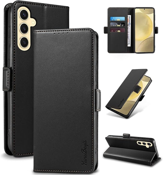 Wallet Flip Case for Samsung Galaxy S25 5G - [RFID Blocking] Luxury PU Leather Card Holder Magnetic Phone Cover with Kickstand,Shockproof Protective Case,Black