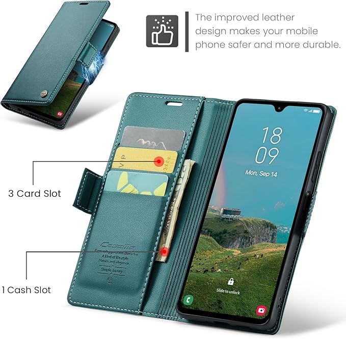 for Samsung Galaxy A05s Case, Premium PU Leather Wallet Case Flip Cover with [RFID Blocking][Card Holder][Stand Function] Shockproof Protective for Samsung Galaxy A05s, Blue-Green