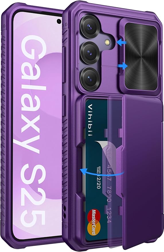 Vihibii for Samsung Galaxy S25 Wallet Case, Built-in Card Holder (4 Cards), [RFID Blocking] & Slide Camera Cover, Military Grade Drop Protection, Rugged Case for Samsung Galaxy S25 6.2", Dark Purple