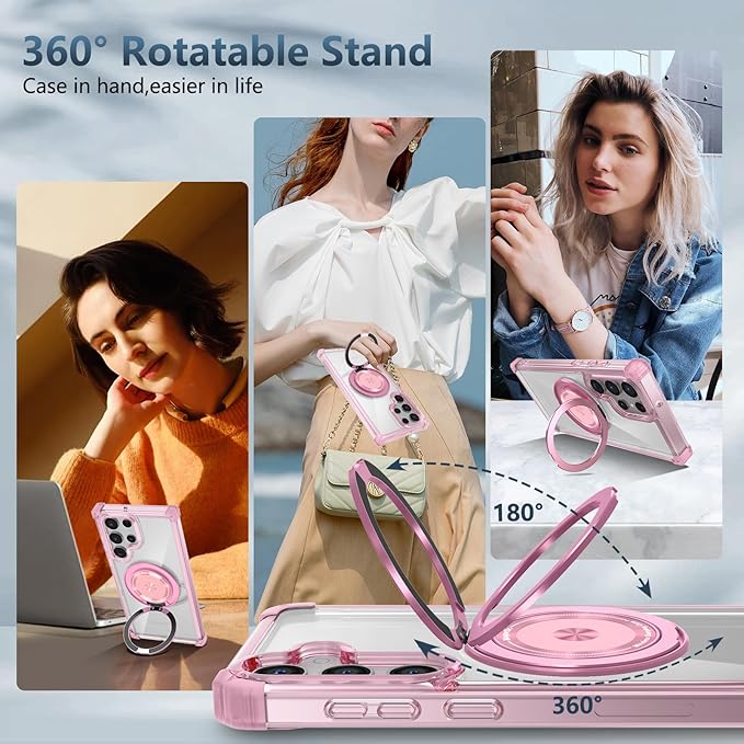 for Samsung Galaxy S25 Ultra Case Compatible with MagSafe Magnetic,with Screen Protector,with Kickstand Ring Military Grade Drop Heavy Duty Protection Shockproof for S25 Ultra Phone Case Pink