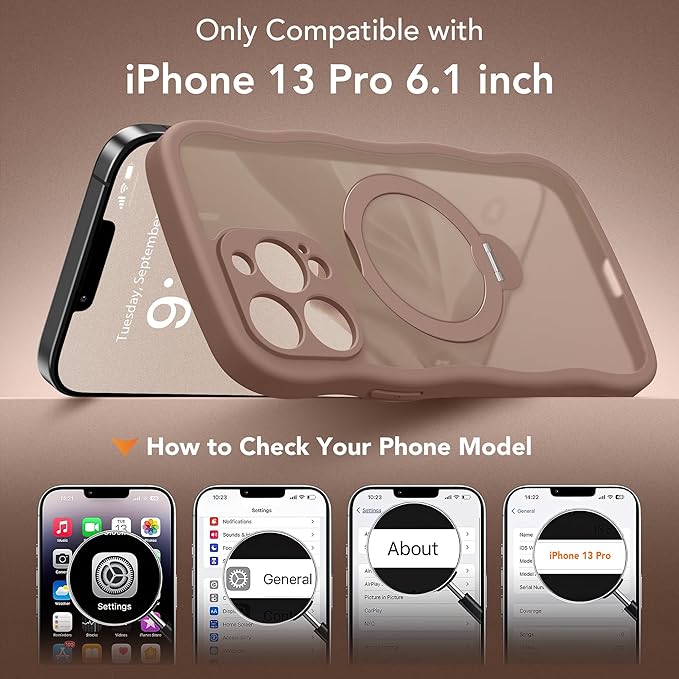 GolbinBox for iPhone 13 Pro Case for Women,[Compatible with Magsafe][360° Spin Magnetic Stand][Cute Wave Edge][Military-Grade Protection] Translucent Matte Phone Case for iPhone 13 Pro, Brown