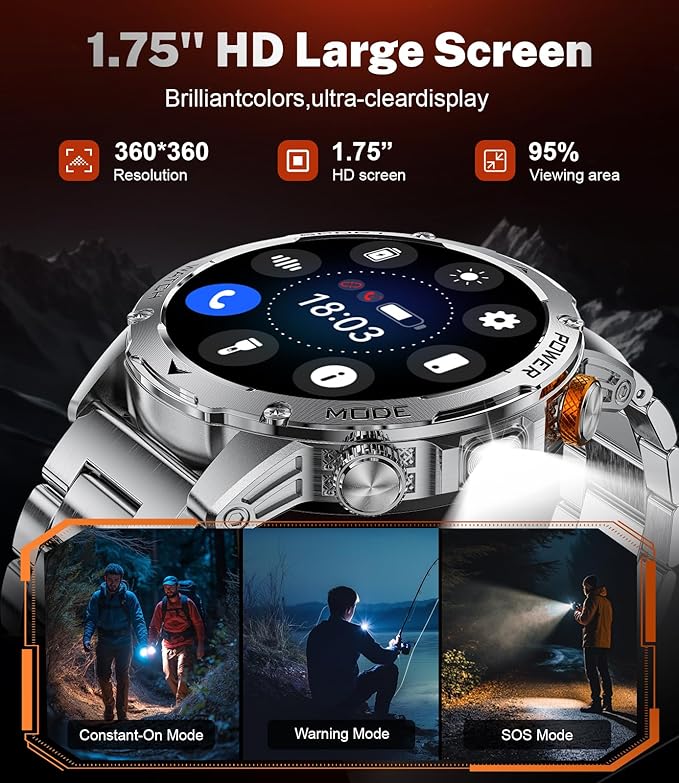 LIGE Smart Watch for Men (Make/Answer Calls) with 1000mAh, 1.75" HD Screen Smartwatch with Flashlight, Heart Rate/Sleep Monitor, IP68 Waterproof, 100+ Sports Modes for Android iOS, 3 Straps