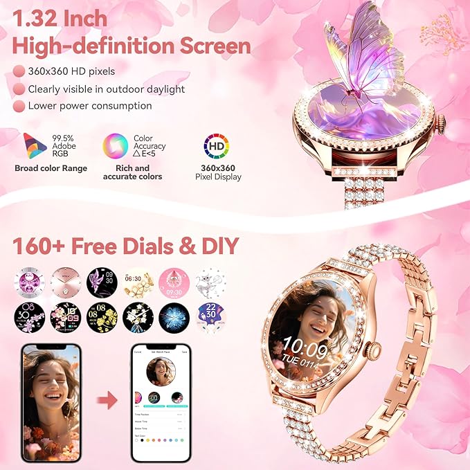 Smart Watch for Women - Make/Answer Call, 1.32" IP67 Waterproof Fitness Watch with Heart Rate Sleep Monitor, 100+ Sports Modes Activity Tracker, Step Counter Smartwatch for iOS Android