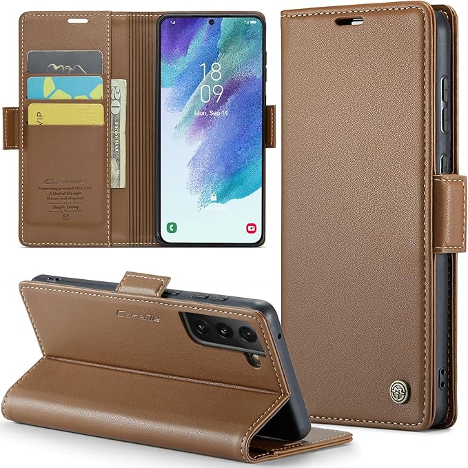 Case for Samsung Galaxy S21 FE Wallet Case, RFID Blocking PU Leather Flip Folio Cover Card Holder Kickstand Shockproof Phone Case Compatible with Samsung Galaxy S21 FE, Brown