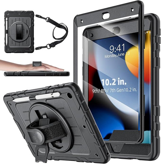Case for iPad 9th/8th/7th Generation-Built-in Screen Protector,with Pencil Holder&360°Rotating Hand Strap,Shoulder Strap,Case for iPad 10.2 inch 2021-2019(Black)
