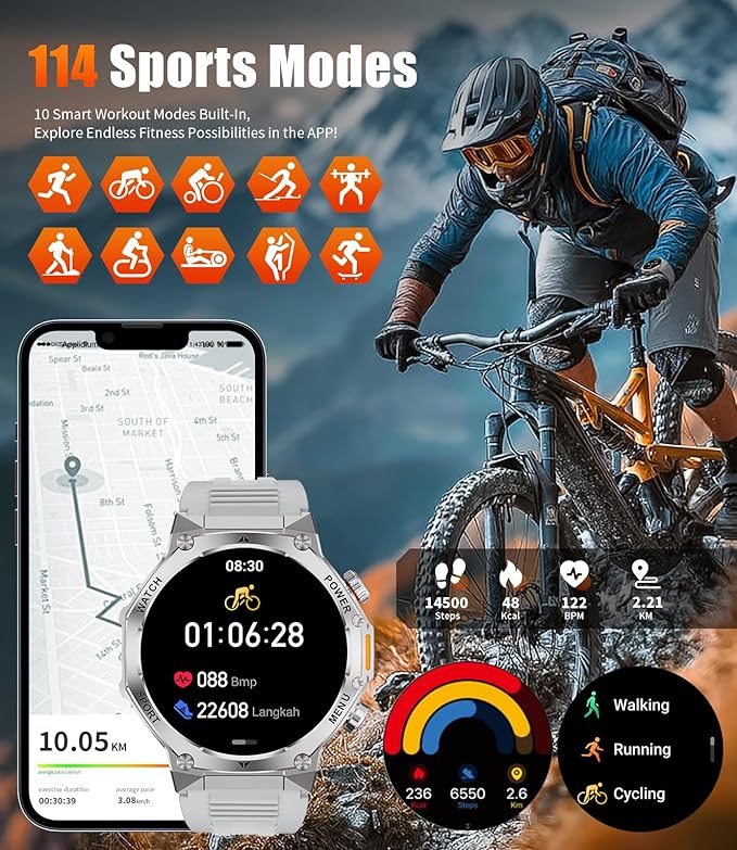 SUNKTA EF15 Military Smart Watch for Men, 1.75" HD Large Screen Smartwatch, 110+ Sport Mode Fitness Tracker, Bluetooth Call/LED Flashlight/Pedometer/IP68 Waterproof Mens Smart Watches for Android iOS