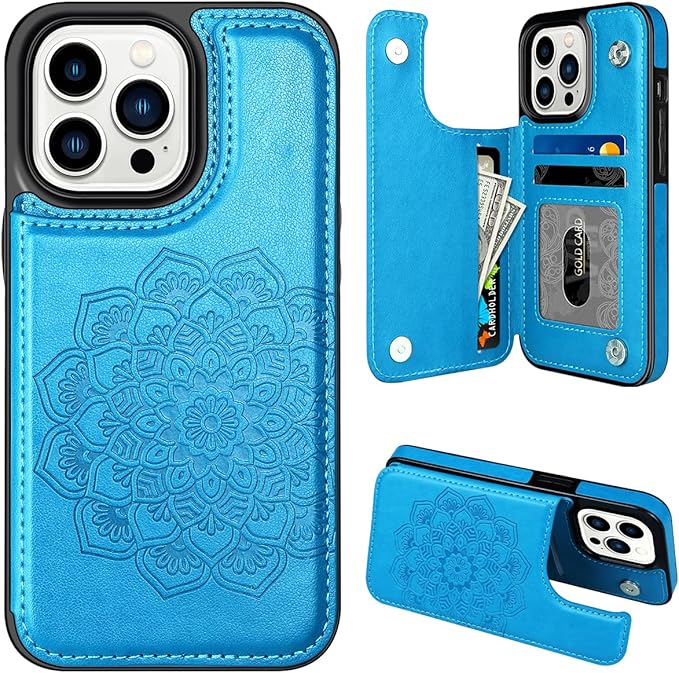 MMHUO for iPhone 14 Pro Case with Card Holder,Flower Magnetic Buttons Protective Wallet Case for Women for iPhone 14 Pro,Blue