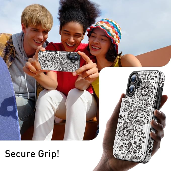 FUNMIKO for iPhone 16 Wallet Case with Card Holder, RFID-Blocking, Military-Grade Protection & UV-Printed Artwork, Magnetic Closure with Leather Kickstand - Graceful Lace Floral