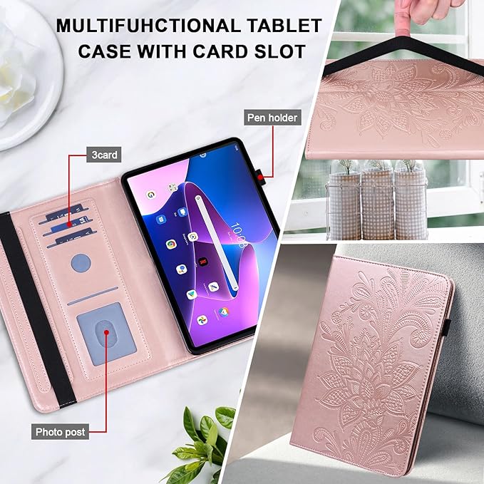 Case for Lenovo Tab M10 Plus 3rd Gen 10.6 Inch 2022 (TB125FU/128FU), Embossed Lace PU Leather Flip Folio Tablet Case with Elastic Band & Card Slots/Holder, Multi-Angle Viewing Stand Cover, Rose Gold