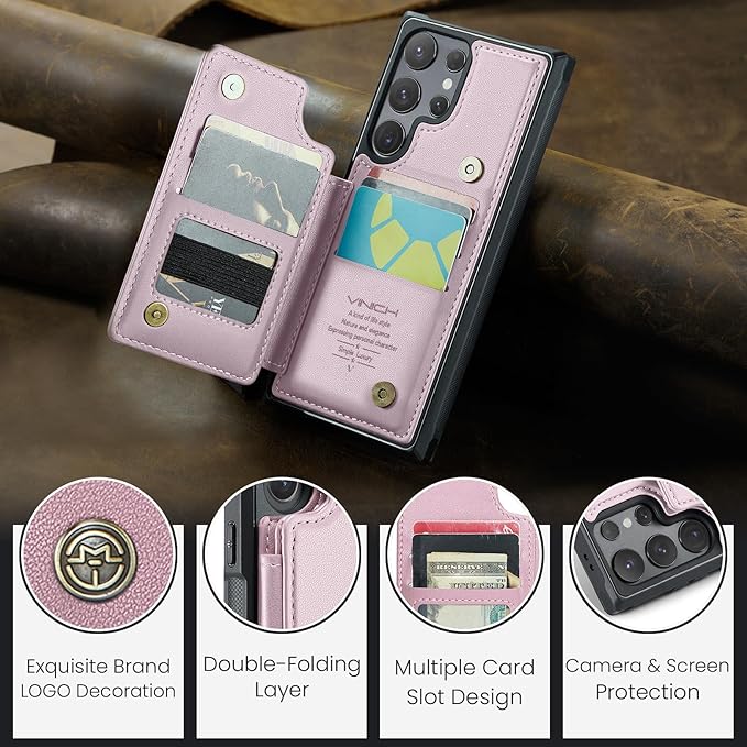 Vinich for Samsung Galaxy S25 Ultra Wallet Case with Card Holder, RFID Blocking Credit Slots Kickstand Shockproof Phone Cover for Women Men, Pink