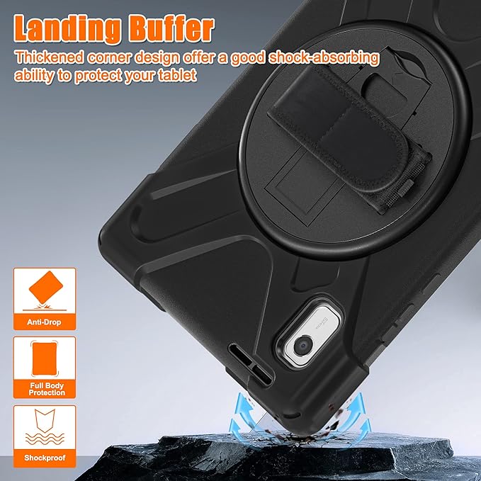 DreamerX for Lenovo Tab M9 Case 9.0 inch TB-310FU/TB-310FX, Heavy Duty Rugged Silicone Drop Protective Kids Cover with 360 Rotating Stand Handle Hand Strap Carrying Shoulder Strap Pencil Holder, Black