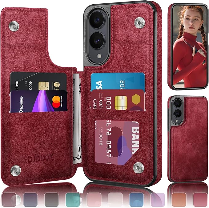 DJDUCK Designed for Samsung Galaxy S25 Edge Case Wallet with Card Holder, [Magnetic Clasp Cover] [RFID Blocking Leather Protection] Shockproof Women Men Cases for Samsung S25 Edge Red
