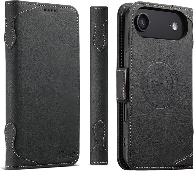 Wallet Case for iPhone 17 Air Compatible With MagSafe & Wireless Charging, Leather,3 Card Slots & ID Holder, Kickstand, Magnetic 360° Military Shockproof Protection for iphone air Premium Black