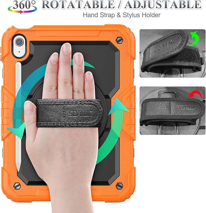 SEYMAC stock Case for iPad (A16) 11th/10th Generation 11''/10.9'' 2025/2022, Full-Body Drop Protection Case with Screen Protector &360° Rotate Hand Strap/Stand, Black+Orange