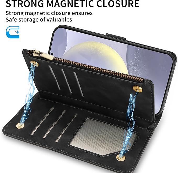 ZZXX for Samsung Galaxy S24 Plus Wallet Case with RFID Blocking Card Slot PU Leather Zipper Flip Folio with Strap Kickstand Protective Cover for Samsung Galaxy S24+ Case Wallet(Black-6.7 inch)